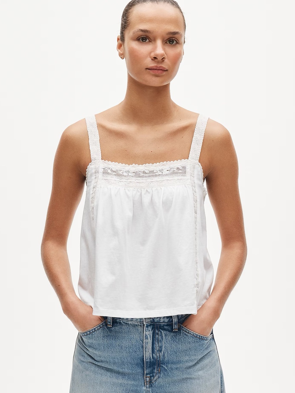 **NWT** J. Crew Lace-trim tank top in broken-in jersey - White - Small